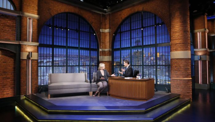 LATE NIGHT WITH SETH MEYERS -- Episode 100 -- Pictured: (l-r) Martha Stewart during an interview with host Seth Meyers on September 22, 2014 -- (Photo by: Lloyd Bishop/NBC/NBCU Photo Bank)